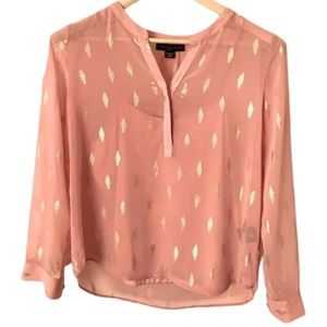 Simply Styled Sheer Pink with Gold Foil Long Sleeved Chiffon Blouse Cami